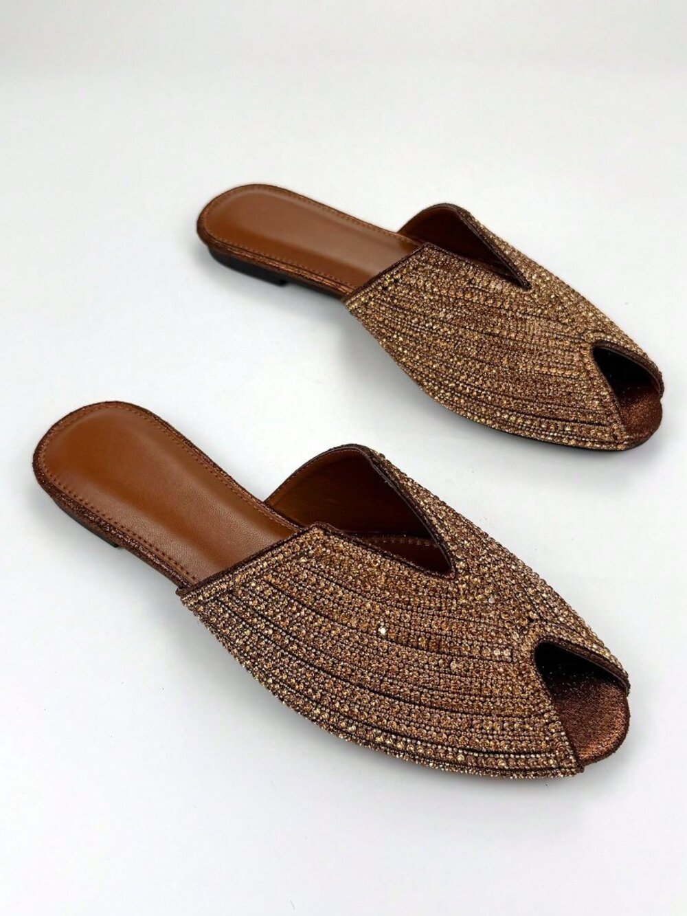 Bronze Fashionable Women's Rhinestoned V-Cut Slip-On Mule Flats - Picture 3 of 4